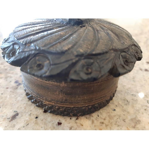 107 - A HANDCARVED IRISH BOG OAK TRINKET BOX, decorated with Irish Harp to the tip of the lid, surrounded ... 