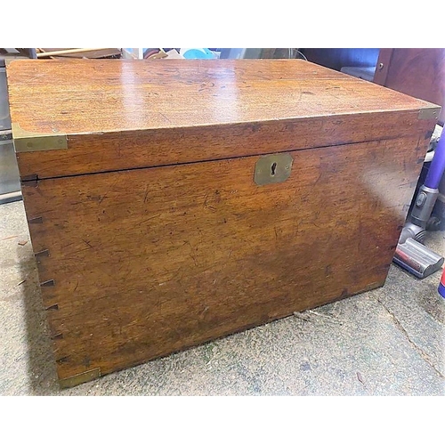 108 - A VERY FINE 19TH CENTURY MAHOGANY BRASS BOUND CAMPAIGN / TRAVEL TRUCK CHEST, with hinged lid, that o... 
