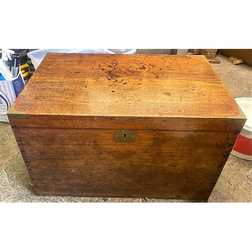 108 - A VERY FINE 19TH CENTURY MAHOGANY BRASS BOUND CAMPAIGN / TRAVEL TRUCK CHEST, with hinged lid, that o... 