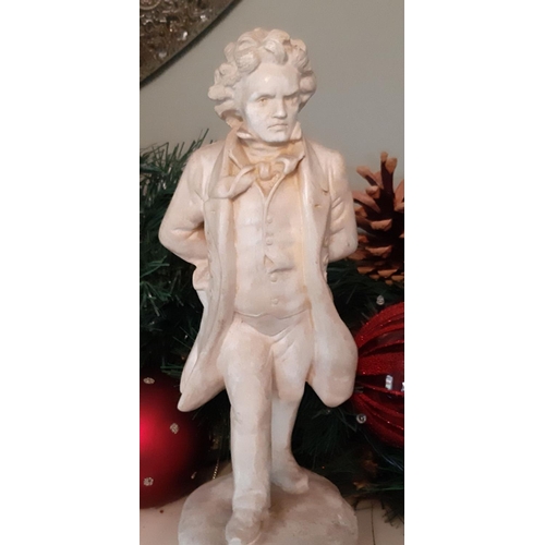 109 - A DETAILED PLASTER FIGURE OF BEETHOVEN, titled to shaped base, dimensions: 8in high approx.