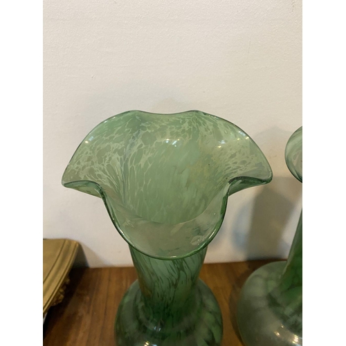 111 - A PAIR OF VINTAGE MONART STYLE GLASS VASES, c.1940, green glass with white mottles running through, ... 