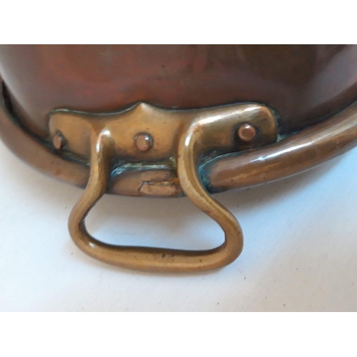 134 - A LATE 19TH CENTURY COPPER TWO HANDLED SAUCEPAN, dimensions: 35cm diameter x 41cm overall width appr... 