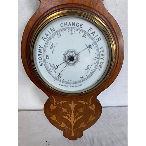 14 - A MARQUETRY INLAID MAHOGANY BAROMETER, dial reading ‘Stormy, Rain, Change, Fair, Very Dry’, within d... 