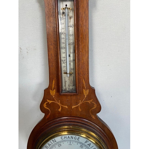 14 - A MARQUETRY INLAID MAHOGANY BAROMETER, dial reading ‘Stormy, Rain, Change, Fair, Very Dry’, within d... 