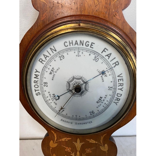 14 - A MARQUETRY INLAID MAHOGANY BAROMETER, dial reading ‘Stormy, Rain, Change, Fair, Very Dry’, within d... 