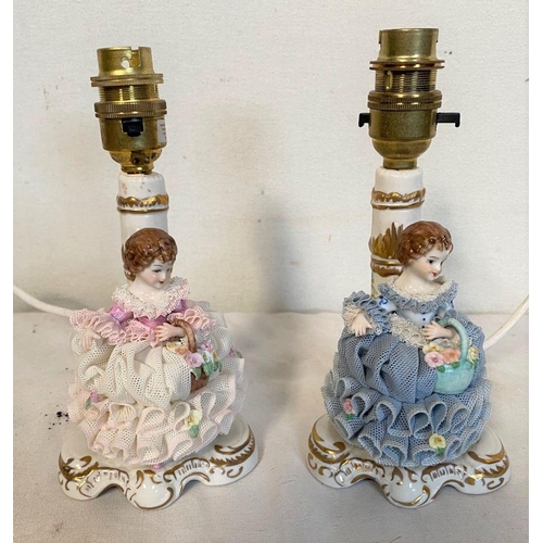 16 - A PAIR OF VINTAGE IRISH DRESDEN TABLE LAMPS, in the ‘Dorothea’ design, with painted female figures t... 