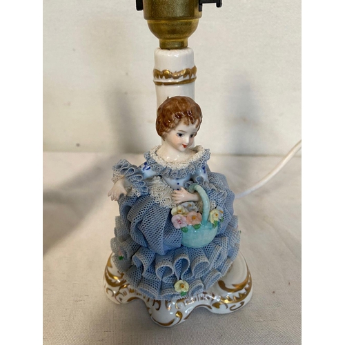 16 - A PAIR OF VINTAGE IRISH DRESDEN TABLE LAMPS, in the ‘Dorothea’ design, with painted female figures t... 