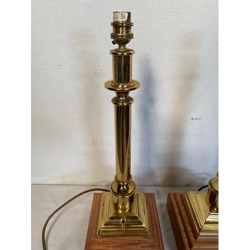 17 - A FINE PAIR OF BRASS COLUMN TABLE LAMPS raised on square hardwood platform bases, in working order. ... 