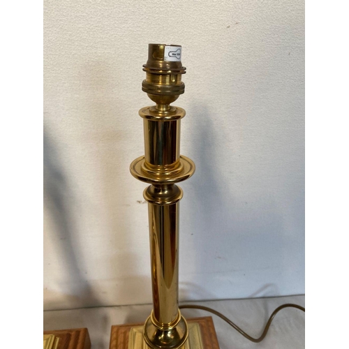 17 - A FINE PAIR OF BRASS COLUMN TABLE LAMPS raised on square hardwood platform bases, in working order. ... 