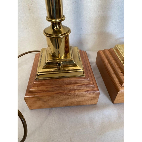 17 - A FINE PAIR OF BRASS COLUMN TABLE LAMPS raised on square hardwood platform bases, in working order. ... 