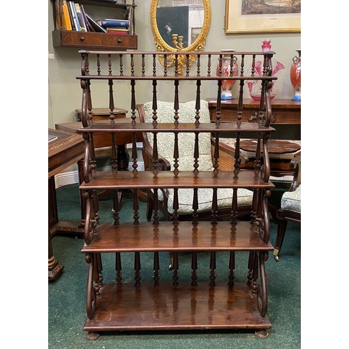 170 - AN ANTIQUE MAHOGANY WATERFALL FLOOR BOOKCASE, with five graduated shelves, turned supports to back, ... 