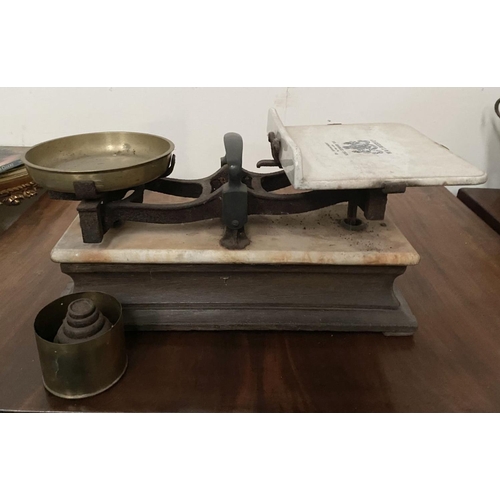 175 - AN ANTIQUE SET OF W & T AVERY WEIGHING SCALES, enamel plate reading ‘By Appointment to the Late King... 
