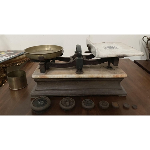 175 - AN ANTIQUE SET OF W & T AVERY WEIGHING SCALES, enamel plate reading ‘By Appointment to the Late King... 