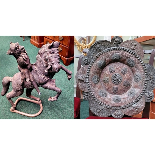 176 - TWO INTERESTING ANTIQUE ITEMS: (i) AN ANTIQUE LARGE HEAVY CAST METAL HORSE & RIDER SCULPTURE, possib... 