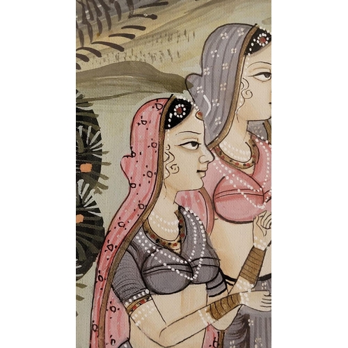 178 - AN INDIAN PAINTING ON FABRIC, 'KRISHNA DANCES WITH COWHERD GIRLS', 90 x 64cm frame.