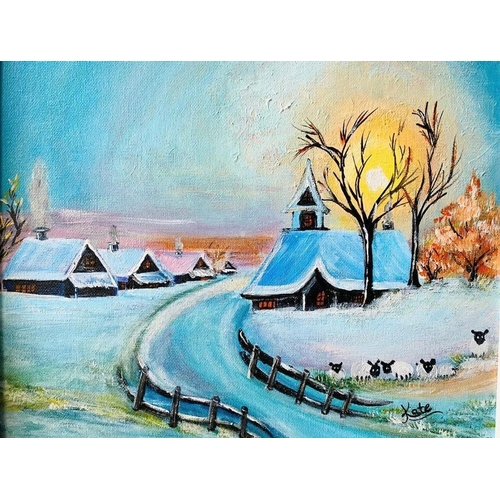 181 - KATE, (IRISH 20TH CENTURY), COUNTRYSIDE IN WINTER, acrylic on canvas board. The artist was inspired ... 