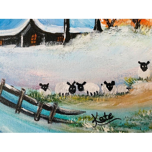 181 - KATE, (IRISH 20TH CENTURY), COUNTRYSIDE IN WINTER, acrylic on canvas board. The artist was inspired ... 