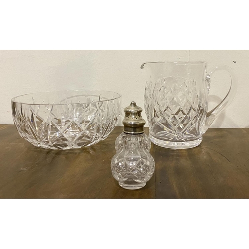 184 - A VINTAGE CUT GLASS LOT TO INCLUDE A WATERFORD CRYSTAL CUT GLASS JUG, Marked to base, (ii) a cut gla... 