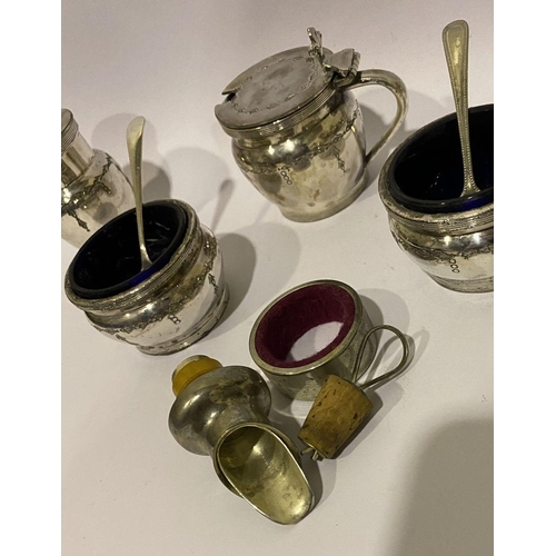 186 - A SILVER & SILVER PLATED LOT TO INCLUDE A CONDIMENT SET, Marked EPMB, two with blue glass liners, (i... 