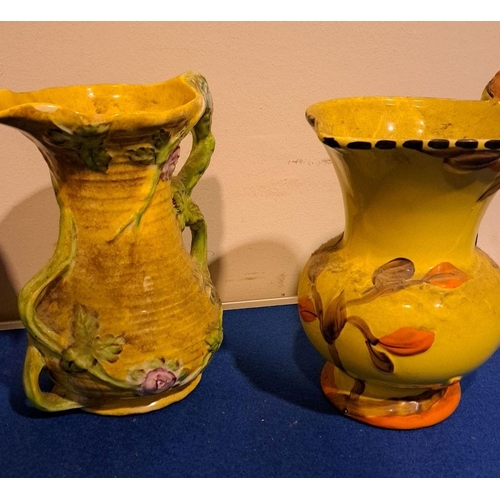 196 - A MIXED LOT OF YELLOW ENGLISH JUGS AND POTS/VASES tallest piece 26cm.