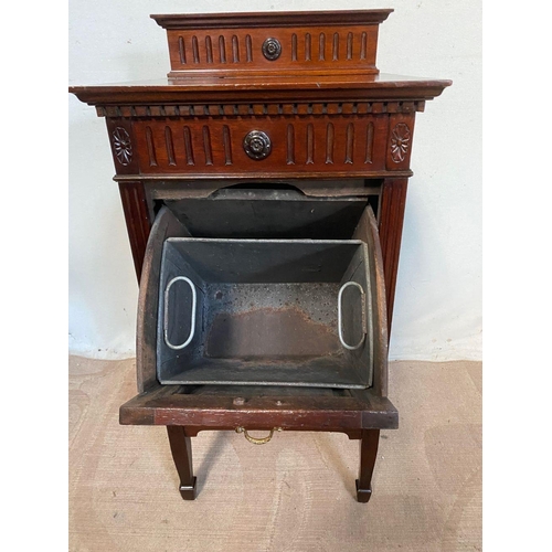 2 - A MAHOGANY DROP FRONT COAL/LOG BOX, with carved panel to back, as well as carving to frieze, above p... 