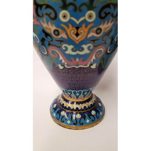 20 - A PAIR OF ANTIQUE CLOISANNE VASES, baluster form, with vibrant multicolour design on deep blue groun... 