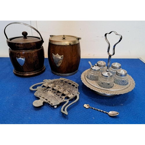 224 - A MIXED SILVERPLATE LOT INCLUDING TWO FITTED KEGS along with coaster/tray in shape of teapot, coiled... 