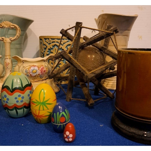 226 - A MISCELLANEOUS LOT OF HOUSEHOLD VARIETY including nesting eggs, glass and ceramic vases, teapot, wo... 