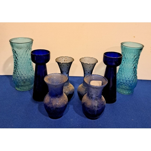 230 - A MIXED LOT OF BLUE GLASSWARE VASES including four pairs of two; highest piece 23cm.