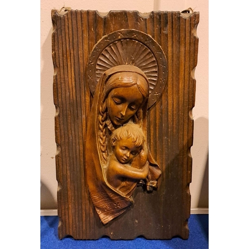 243 - A WOODEN DEPICTION OF MADONNA AND CHILD along with misc. lots to include, bamboo style mirror, and c... 