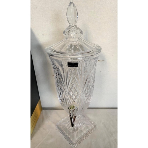 29 - A KILLARNEY CRYSTAL DISPENSER, cut glass dispenser complete with decorative cover, standing on squar... 