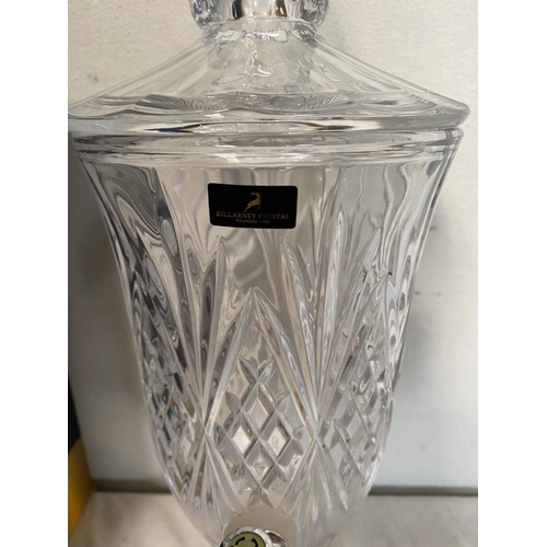 29 - A KILLARNEY CRYSTAL DISPENSER, cut glass dispenser complete with decorative cover, standing on squar... 