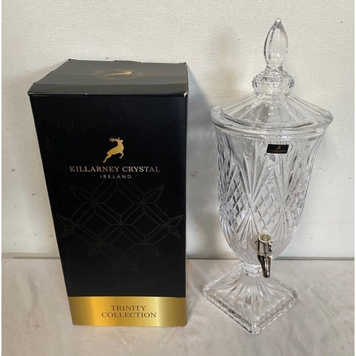 29 - A KILLARNEY CRYSTAL DISPENSER, cut glass dispenser complete with decorative cover, standing on squar... 