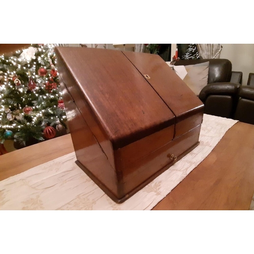 36 - A FINE EDWARDIAN MAHOGANY SLOPE FRONT MAILBOX, two doors opening to fitted interior, lower drawer wi... 