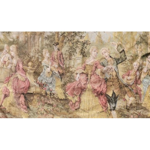 37 - A VINTAGE FRENCH WALL TAPESTRY, depicting an outdoor Rococo scene with figures in tradition dress, s... 