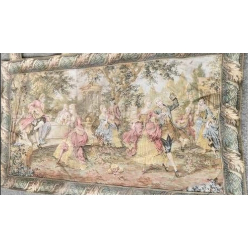 37 - A VINTAGE FRENCH WALL TAPESTRY, depicting an outdoor Rococo scene with figures in tradition dress, s... 