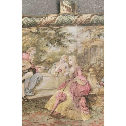 37 - A VINTAGE FRENCH WALL TAPESTRY, depicting an outdoor Rococo scene with figures in tradition dress, s... 