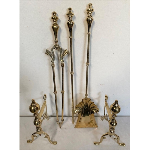 39 - AN EXCELLENT SET OF POLISHED BRASS FIRE IRONS & DOGS, to include tongs, poker, shovel and dogs, all ... 