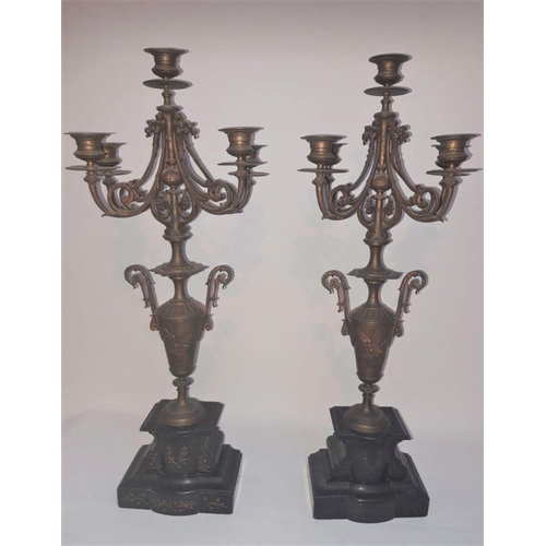 40 - A LARGE PAIR OF VICTORIAN GILT FIVE BRANCH CANDELABRA, c.1890, of traditional form with urn style su... 
