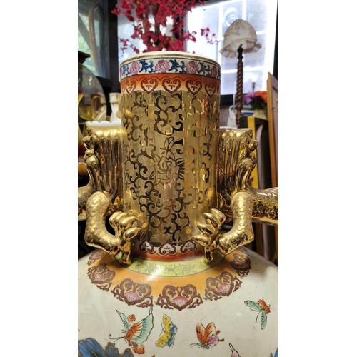 50 - A PAIR OF LARGE JAPANESE MOON FLASK VASES, each with a pair of detailed gilt dragon handles and flor... 