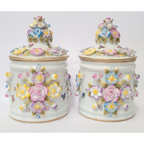 51 - A PAIR OF VINTAGE GERMAN PORCELAIN COVERED POTS, c.1945, hand painted decoration with floral design ... 