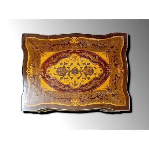 54 - A GOOD QUALITY MARQUETRY INLAID BRASS BOUND NEST OF TABLES, possibly Italian or French, each decorat... 