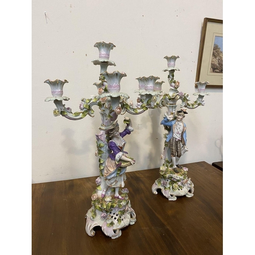 58 - A PAIR OF BEAUTIFUL GERMAN PORCELAIN FOUR BRANCH CANDLEABRA, Dresden style painted porcelain candela... 