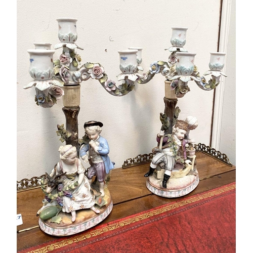 58 - A PAIR OF BEAUTIFUL GERMAN PORCELAIN FOUR BRANCH CANDLEABRA, Dresden style painted porcelain candela... 