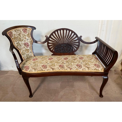 85 - A MAHOGANY FAN BACKED WINDOW SEAT, with upholstered seat, swept arms, engraved floral design to fan ... 