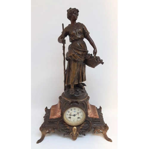 10 - A FRENCH ART NOUVEAU MANTLE CLOCK, with bronze figure of a lady possibly after Emile François Rousse... 