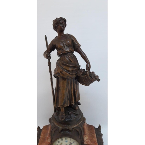 10 - A FRENCH ART NOUVEAU MANTLE CLOCK, with bronze figure of a lady possibly after Emile François Rousse... 