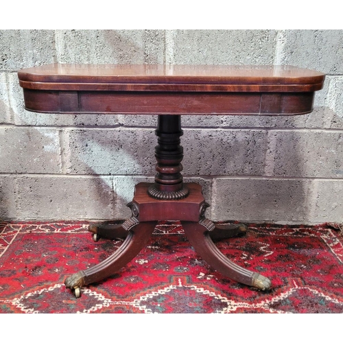 100 - A VERY GOOD QUALITY IRISH 19TH CENTURY MAHOGANY FOLD OVER CARD TABLE, the curved top turns and folds... 