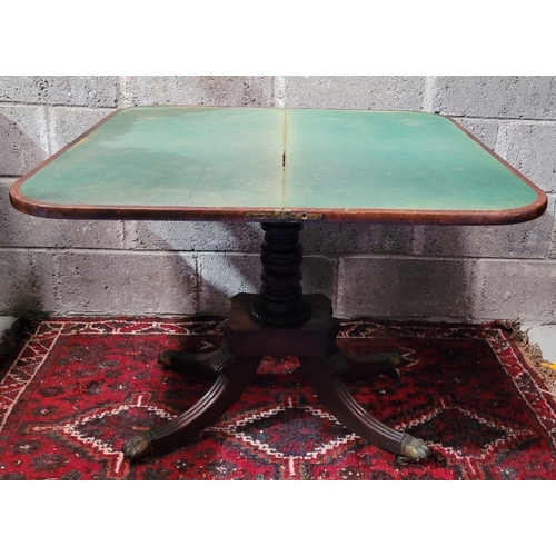 100 - A VERY GOOD QUALITY IRISH 19TH CENTURY MAHOGANY FOLD OVER CARD TABLE, the curved top turns and folds... 