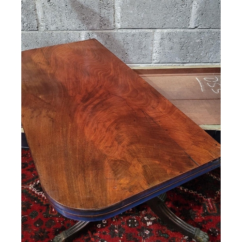 100 - A VERY GOOD QUALITY IRISH 19TH CENTURY MAHOGANY FOLD OVER CARD TABLE, the curved top turns and folds... 